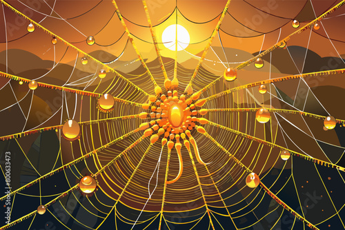 The intricate web spun by a golden orb-weaver spider, glistening with dewdrops in the morning light