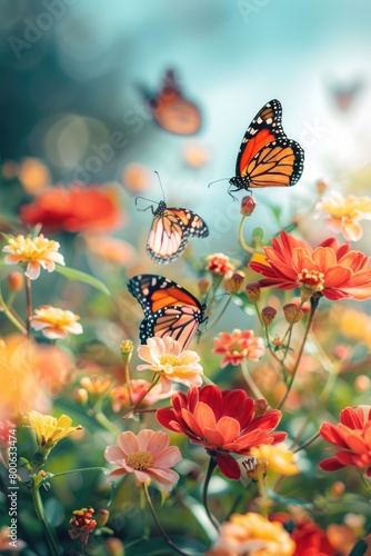 Colorful butterflies flying over a beautiful field of flowers. Perfect for nature and spring-themed designs © Ева Поликарпова