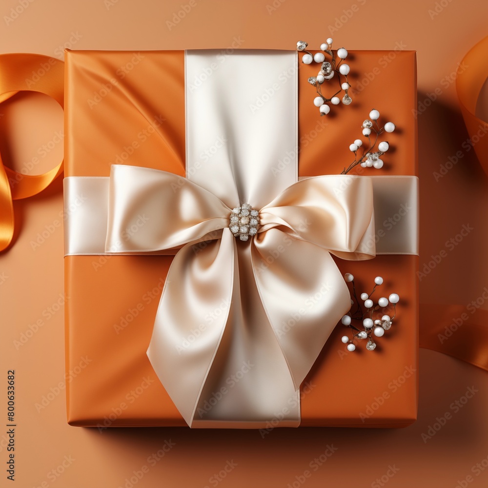 custom made wallpaper toronto digitalElegant orange gift box with a satin ribbon and pearl embellishments from a top-down view