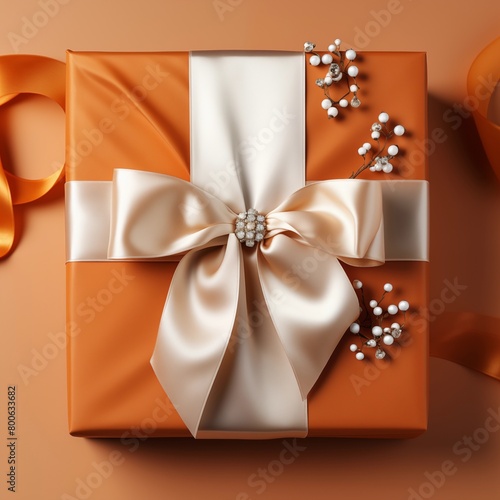 Wallpaper Mural Elegant orange gift box with a satin ribbon and pearl embellishments from a top-down view Torontodigital.ca
