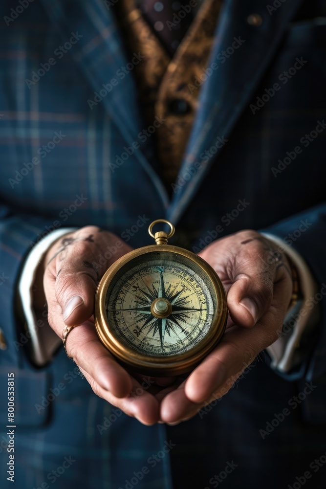 A man in a suit holding a compass, suitable for business or travel concepts