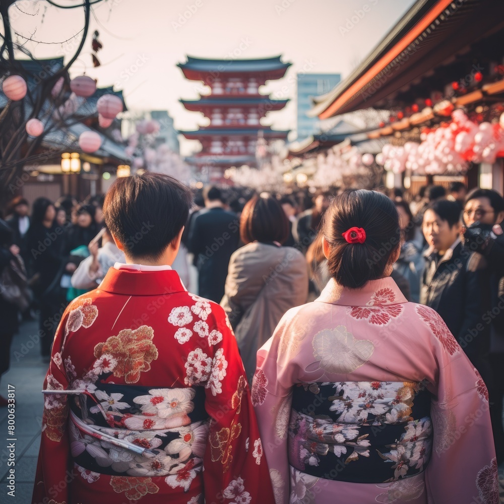 Obraz premium Japanese people wear kimonos to celebrate the New Year at Asakusa Temple.