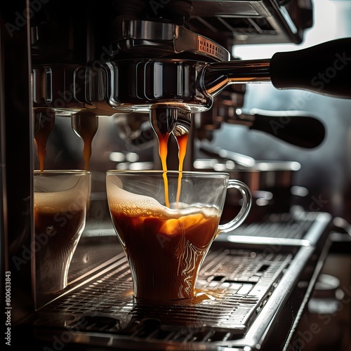 Shots of espresso flowing out of a coffee machine in a coffee shop.