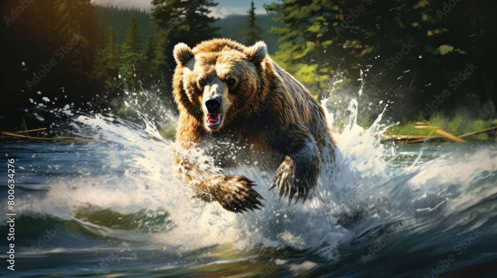 painting depicting a bear in full motion as it runs through the water. painting depicting a bear in full motion as it runs through the water.