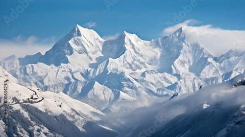 Panoramic view of the snow-capped mountains of the Caucasus