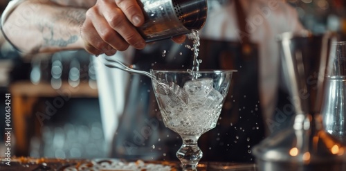 The mixologist demonstrating the use of different utensils such as a muddler and strainer to create the perfect mocktail. photo