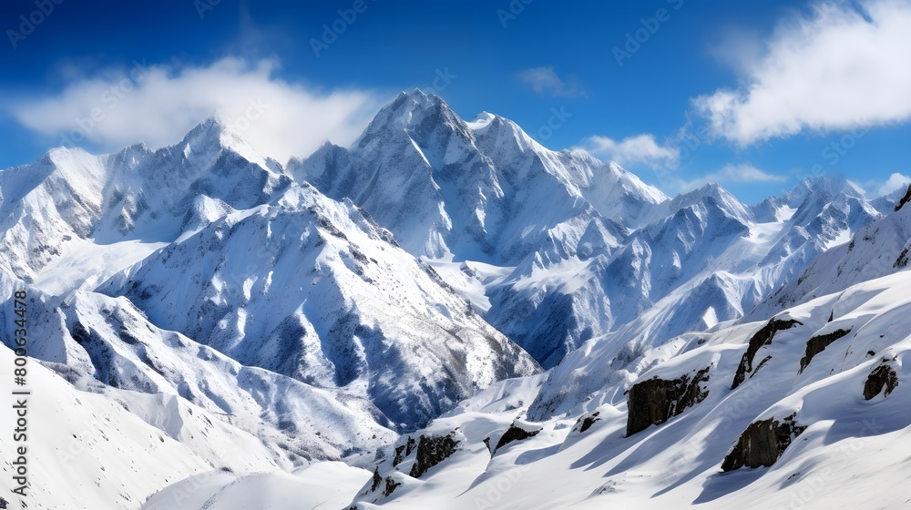 Panoramic view of the snow-capped mountains of the Caucasus