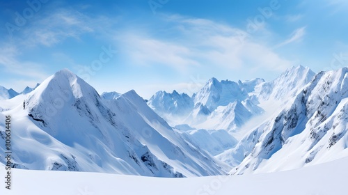 Panoramic view of snow-capped mountains. Winter landscape