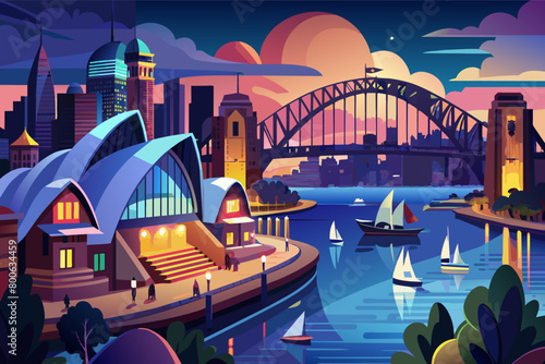 The bustling waterfront of Sydneys Circular Quay, with the iconic Opera House and Harbour Bridge illuminated against the night sky