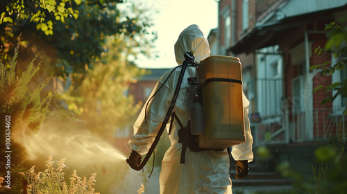 Pest control service worker walking down a street while wearing a save suit, protective mask. Man make insecticide treatment photo