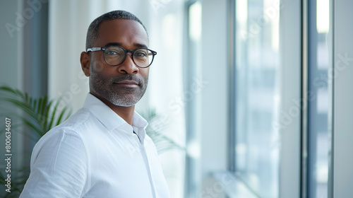 Man of African American descent, wearing glasses, stands in front of a window. He appears calm and focused, looking  at the camera. Business success concept