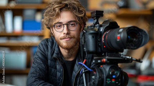 Blogger filming blog video. Man in glasses sitting in front of a camera and smiling