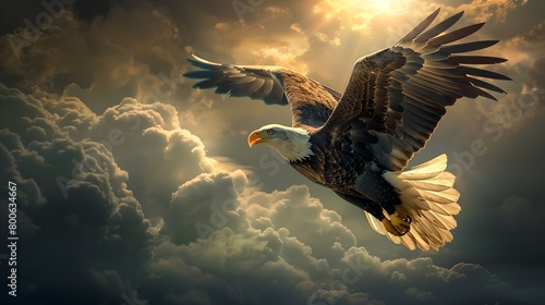 Majestic Eagle in Flight Against a Dramatic Sky, Nature's Beauty Captured. Perfect for Wildlife Enthusiasts and Bird Watching. Serene, Inspiring, Breathtaking. AI