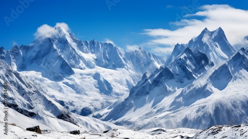 Panoramic view of snowy mountains in Caucasus region, Georgia. © I
