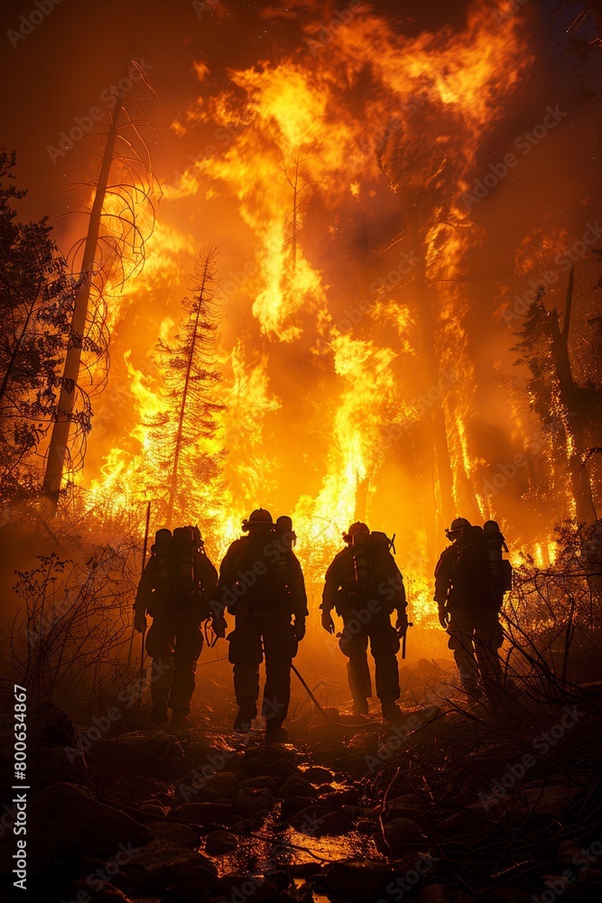Fototapeta premium A group of firefighters walking through a forest with flames in the background, AI