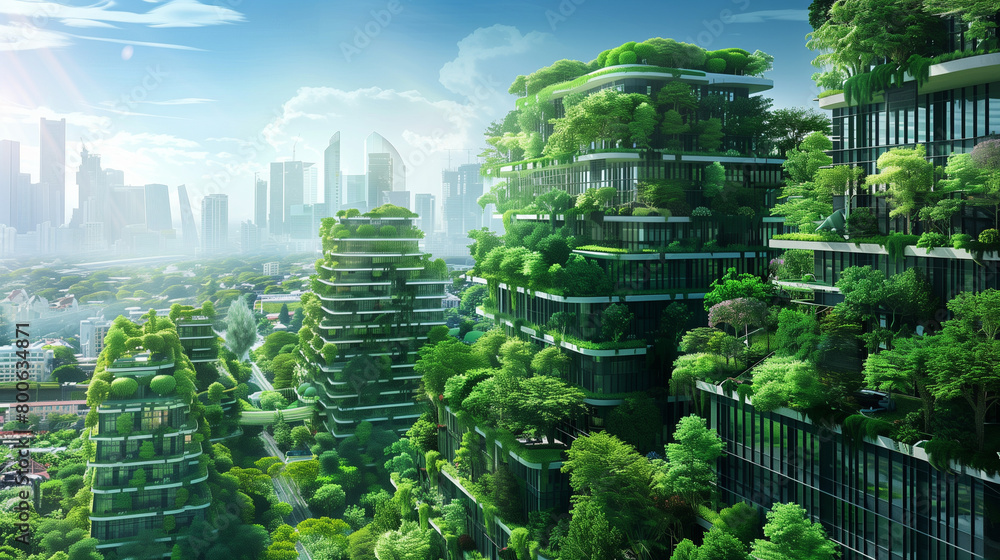 Futuristic city landscape with  skyscrapers and lush green trees enveloping the urban environment. The combination of nature and advanced architecture in metropolitan setting. Eco living concept