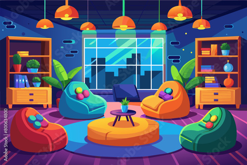 A comfortable gaming lounge area with bean bag chairs and plush floor cushions for relaxed gaming sessions