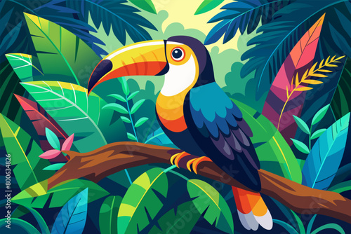 A colorful toucan resting on a branch in the Amazon rainforest