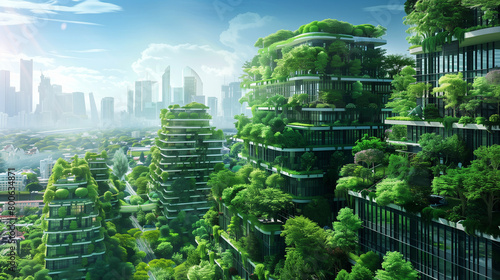 Futuristic city landscape with skyscrapers and lush green trees enveloping the urban environment. The combination of nature and advanced architecture in metropolitan setting. Eco living concept