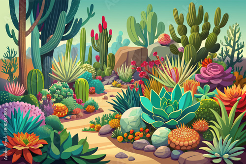 A colorful succulent garden with a diverse array of drought-resistant plants, showcasing the beauty and resilience of desert flora