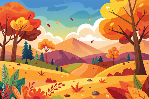 A colorful autumn landscape with leaves falling