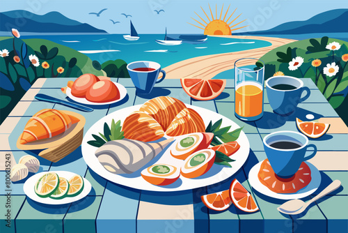 A coastal breakfast table set with freshly shucked oysters, smoked salmon, and buttery croissants, capturing the essence of seaside luxury