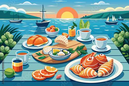 A coastal breakfast table set with freshly shucked oysters, smoked salmon, and buttery croissants, capturing the essence of seaside luxury