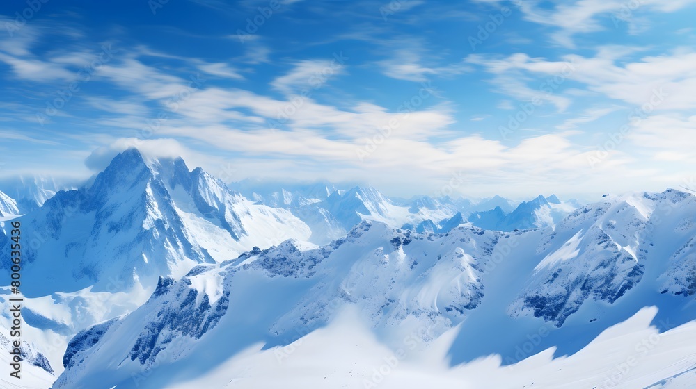 Beautiful panoramic view of the snowy mountains and blue sky