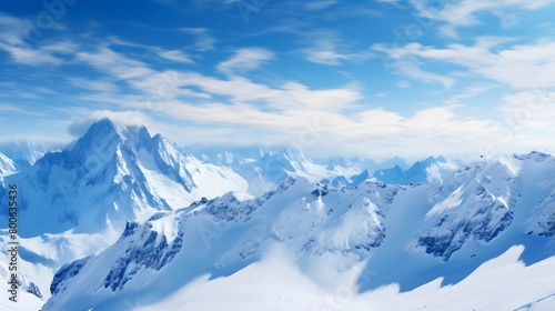 Beautiful panoramic view of the snowy mountains and blue sky © I