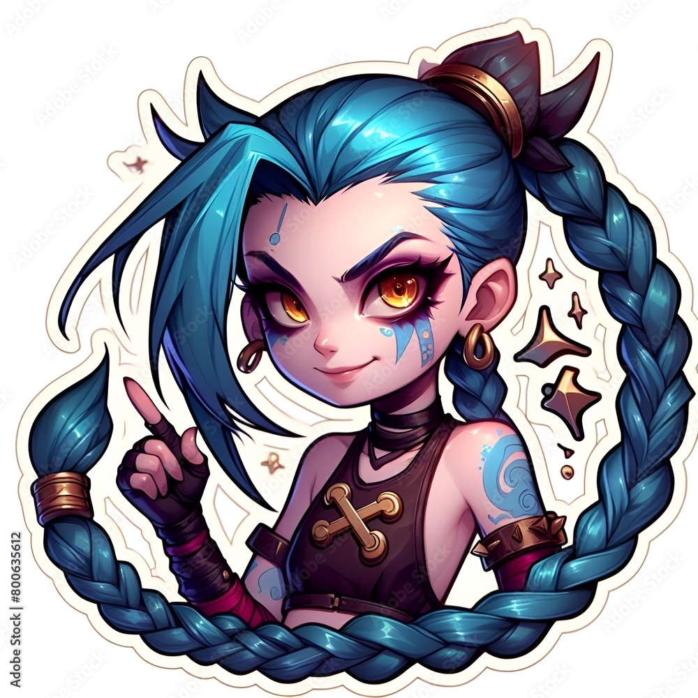 Illustration of the character Jinx from League of legends,  sticker