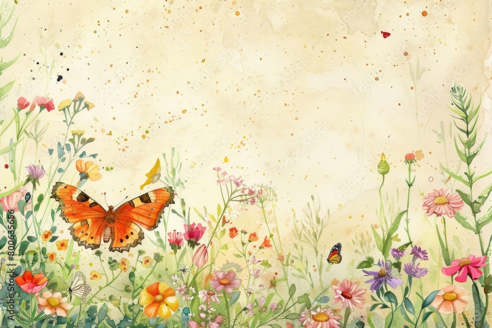 Beautiful butterfly among colorful flowers, perfect for nature designs