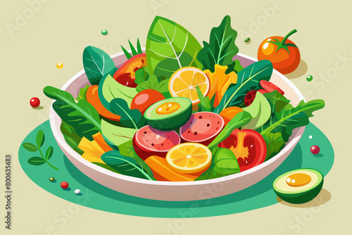 A beautifully plated salad with vibrant greens, colorful vegetables, and a drizzle of tangy vinaigrette