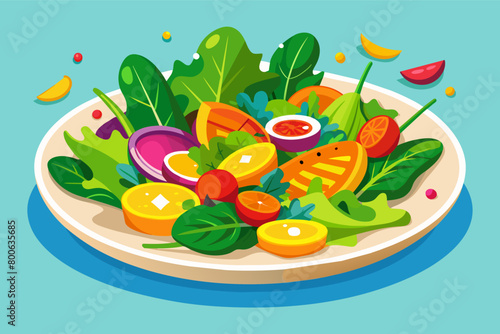 A beautifully plated salad with vibrant greens, colorful vegetables, and a drizzle of tangy vinaigrette
