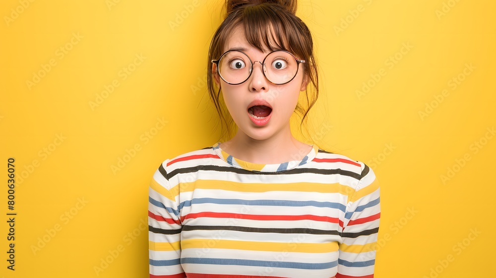 驚いた表情のメガネをかけた日本人女性 驚いた表情のメガネをかけた日本人女性
