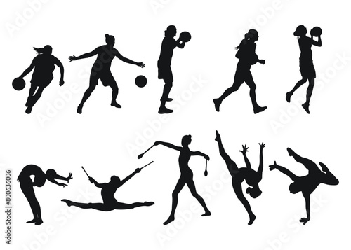 Single silhouettes of women s sports. Basketball  gymnastics. Isolated vector