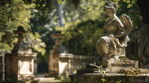 A serene angel statue perched on a fountain, perfect for religious or peaceful concepts