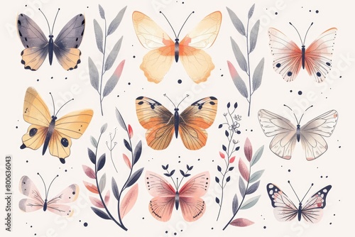 Colorful watercolor butterflies on a white background. Perfect for nature and spring themed designs photo