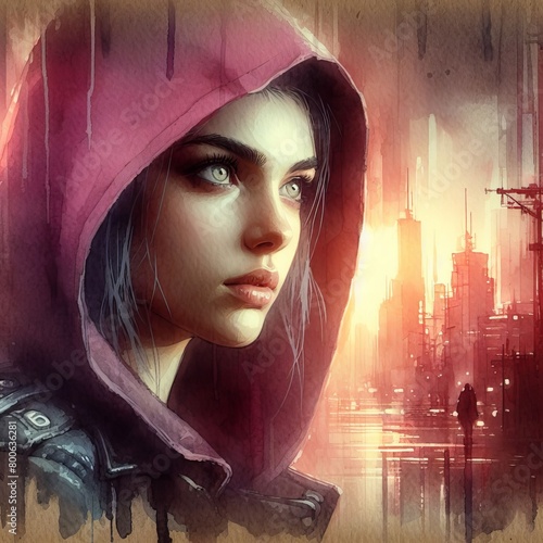 Abstract and artistic poster of a beautiful young woman with a pink hoodie and city background. Illustration in watercolor painting style