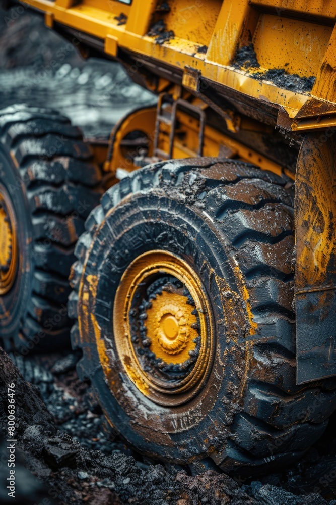 Detailed view of a yellow dump truck tire. Ideal for industrial concepts