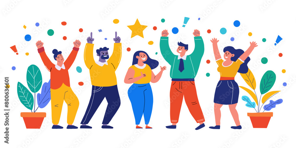 Successful team. Happy people rejoice at victory, triumph, success. Winners celebrate achievements and good fortune. Vibrant Vector illustration in flat style. Isolated on white background Successful team. Happy people rejoice at victory, triumph, success. Winners celebrate achievements and good fortune. Vibrant Vector illustration in flat style. Isolated on white background