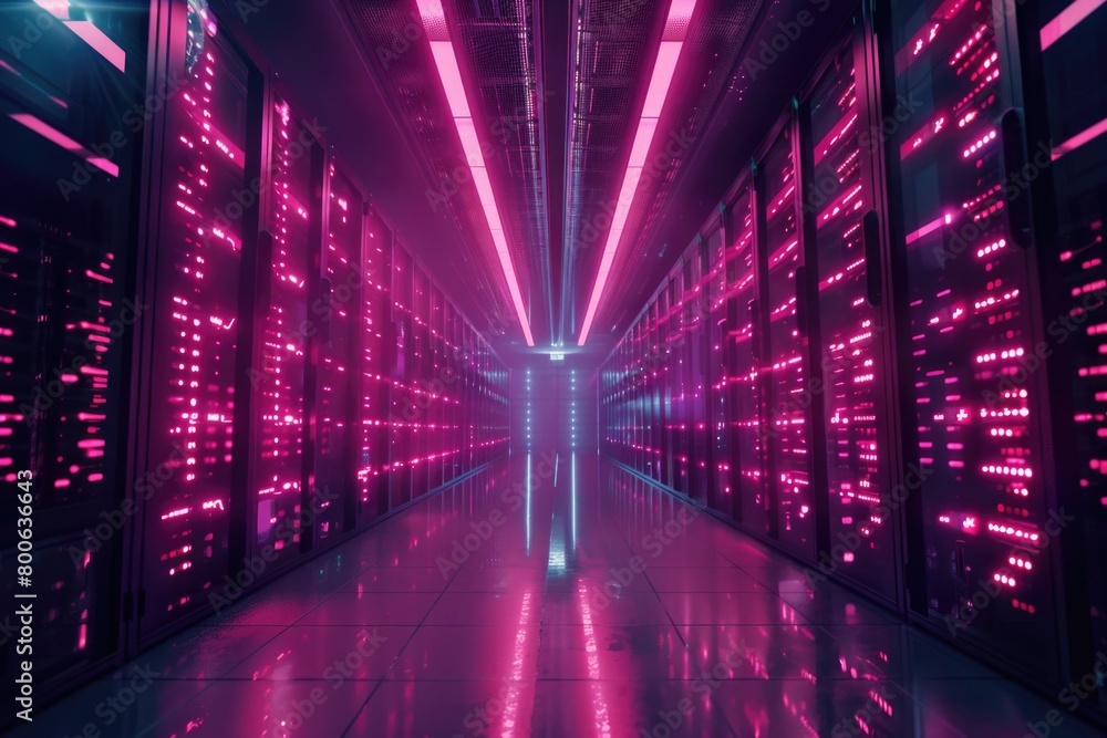 Fototapeta premium Rows of pink lights in a long hallway, suitable for interior design concepts