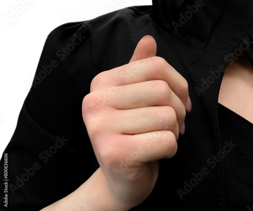 Jewelry mockup hand. A woman in a black shirt is holding her hand up, template for rings