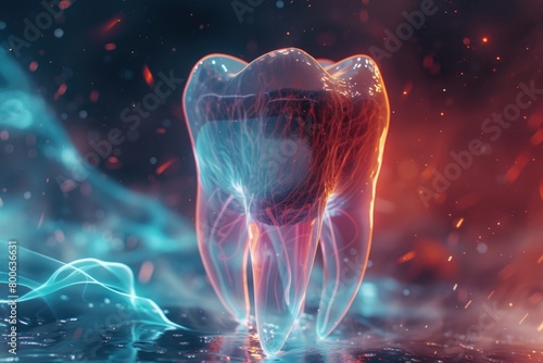 A glowing tooth in the dark, perfect for dental or Halloween-themed designs