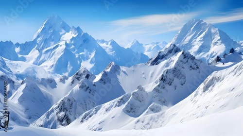 Panoramic view of the snow-capped peaks of the Caucasus Mountains