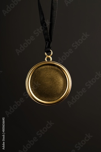 A gold medal hanging from a black ribbon. Suitable for awards and achievements