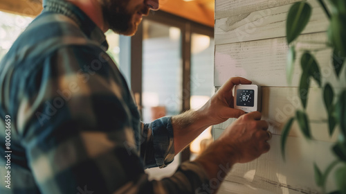 close-up of a hand setting the temperature on the thermostat 