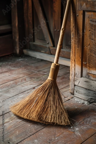 Wallpaper Mural A broom leaning against a rustic wooden door. Suitable for home decor or Halloween themes Torontodigital.ca