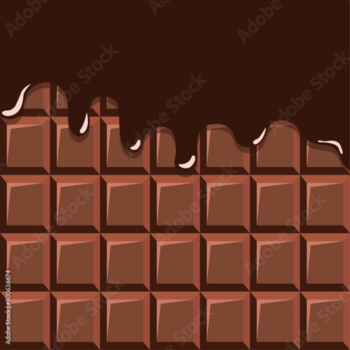 Vector background with chocolate bar and melting chocolate. Dripping syrop backdrop for banner, card, wallpaper, social media