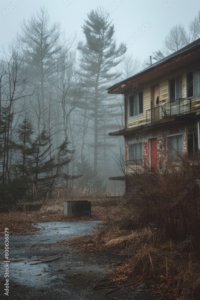 Creepy abandoned house in misty forest. Suitable for Halloween themes Creepy abandoned house in misty forest. Suitable for Halloween themes