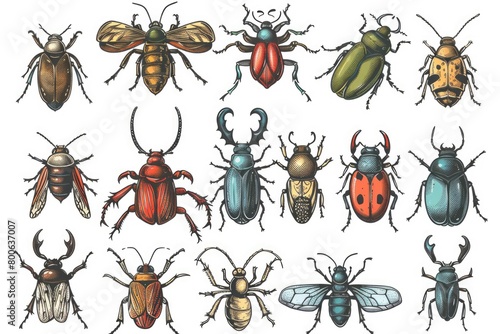 A diverse collection of different types of bugs. Suitable for educational materials or nature-themed designs